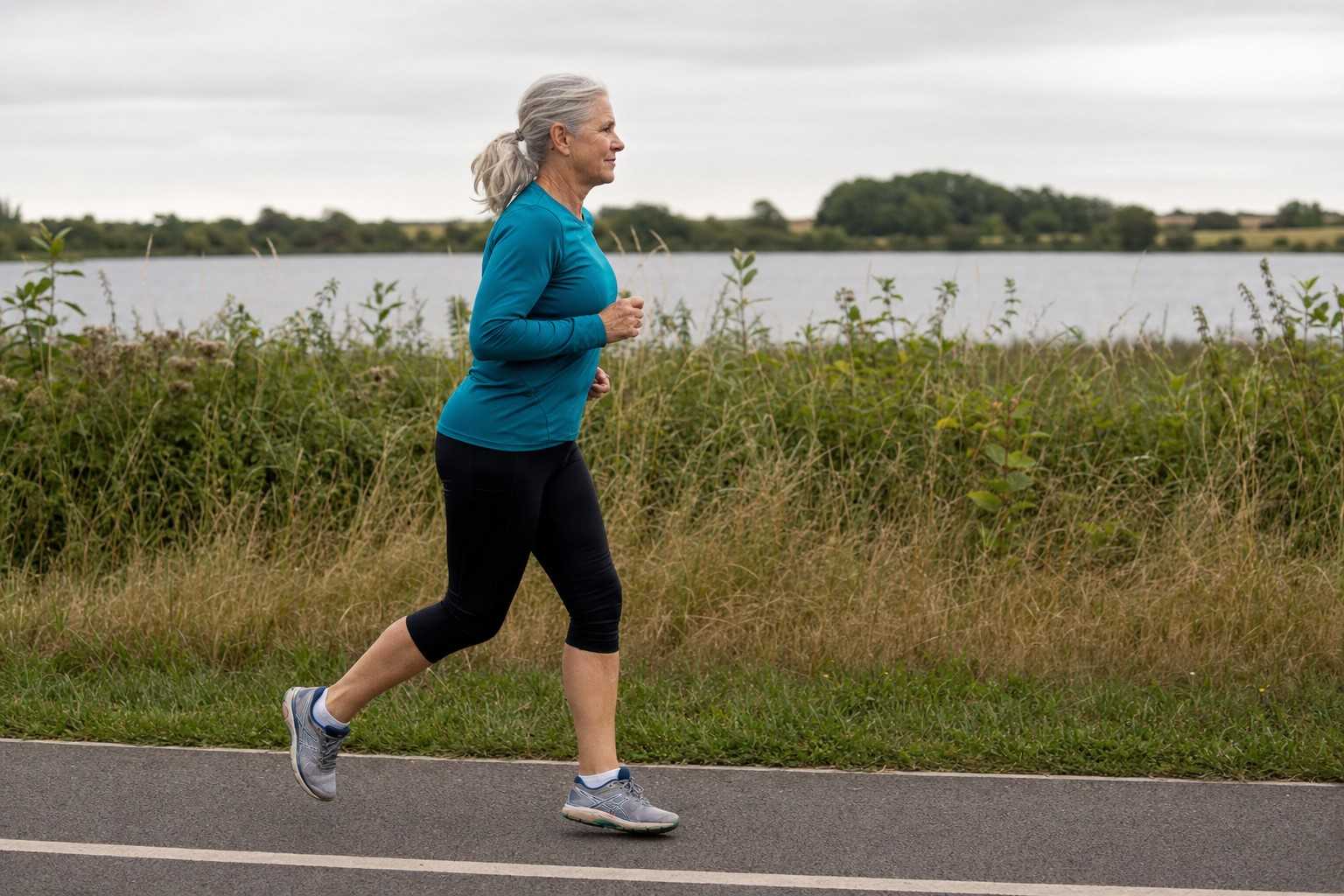 Older woman running comfortably with a strong stride