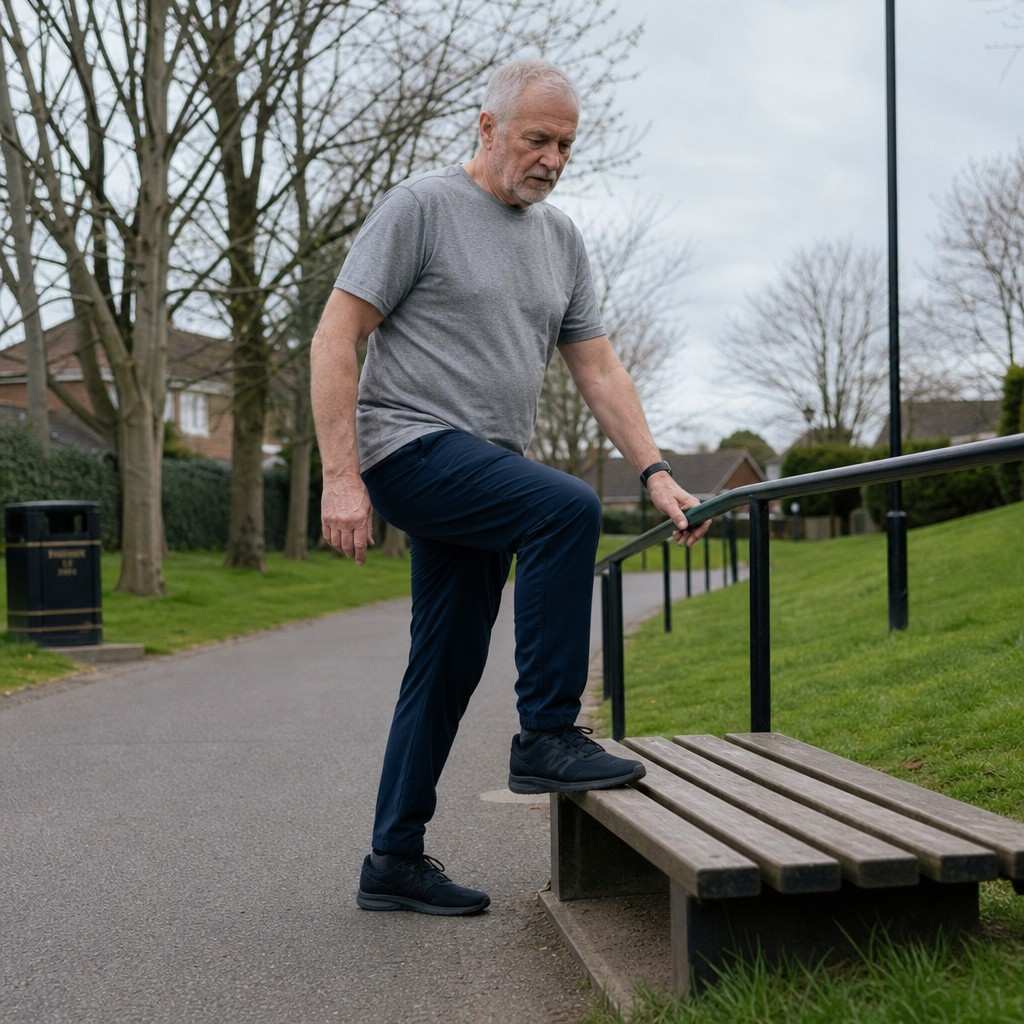 Older man doing a step-up strength exercise in a park