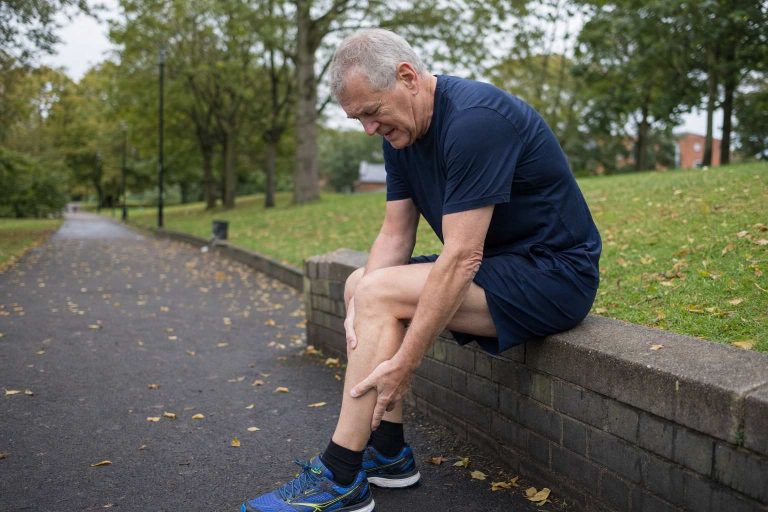 Older runner checking a sore calf after a run